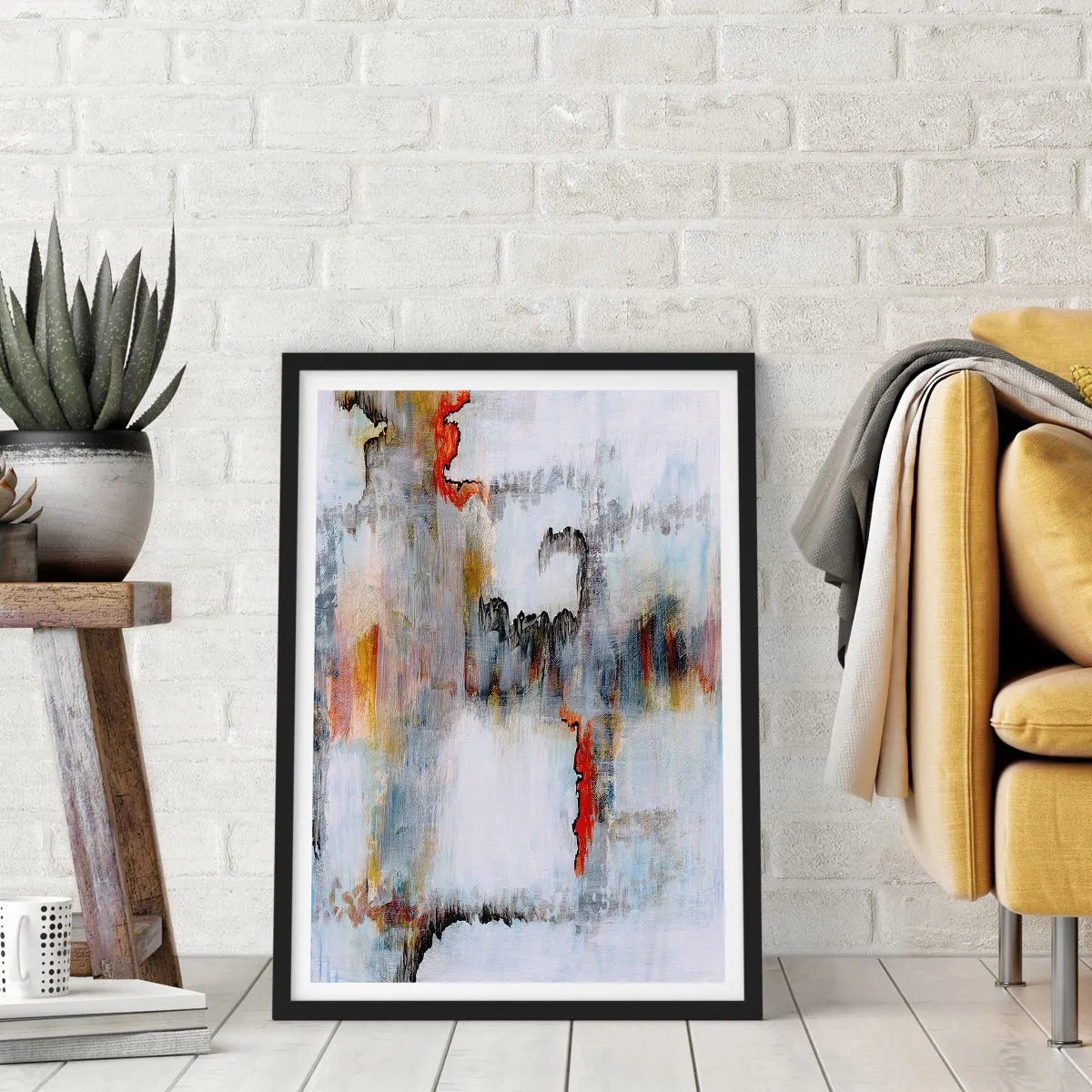Plakat i sort ramme - En abstrakt komposition med nuancer af grå og røde accenter. - 50x70cm - En pind på vandet - Moderne vægdekoration til stue og soveværelse ARTTOR