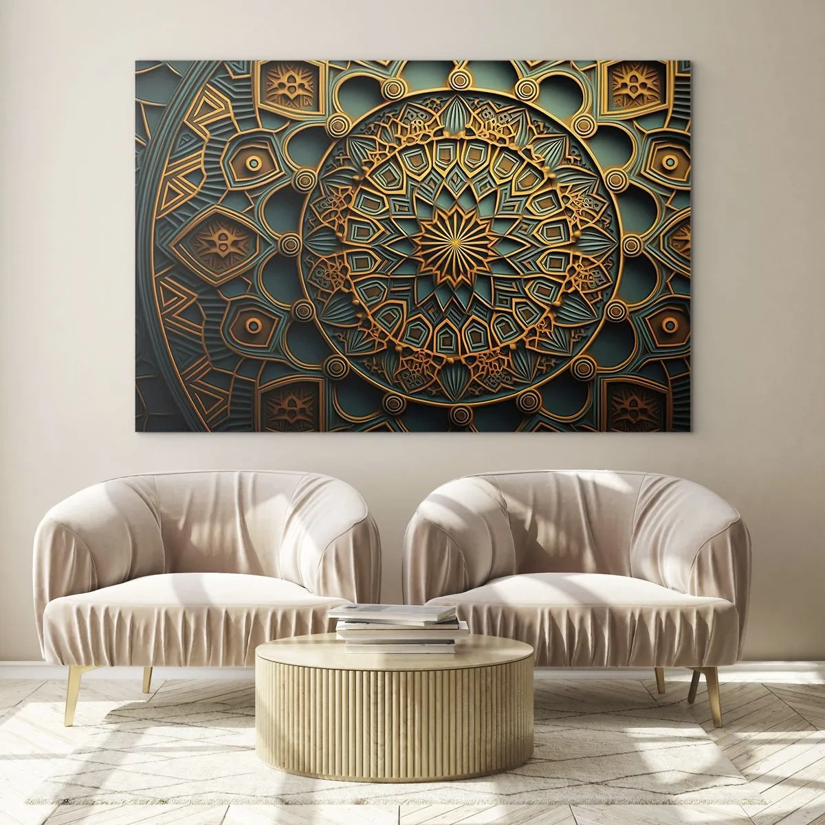 Billede på glas - Guld- og turkis ornament i stil med en arabisk mosaik - 70x50cm - I et arabisk klima - Moderne vægdekoration til stue og soveværelse ARTTOR