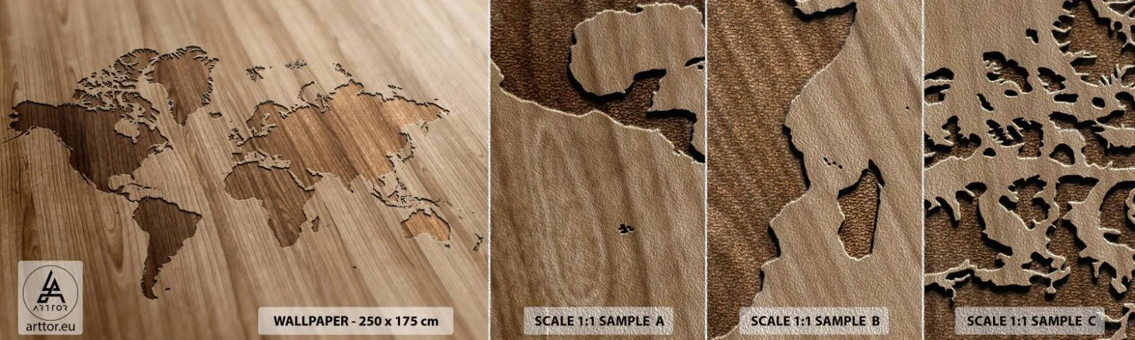 Prøve Fototapet Premium Sand - Verden på bordet - Verdenskort, Træ, Kontinenter - 100x30 cm