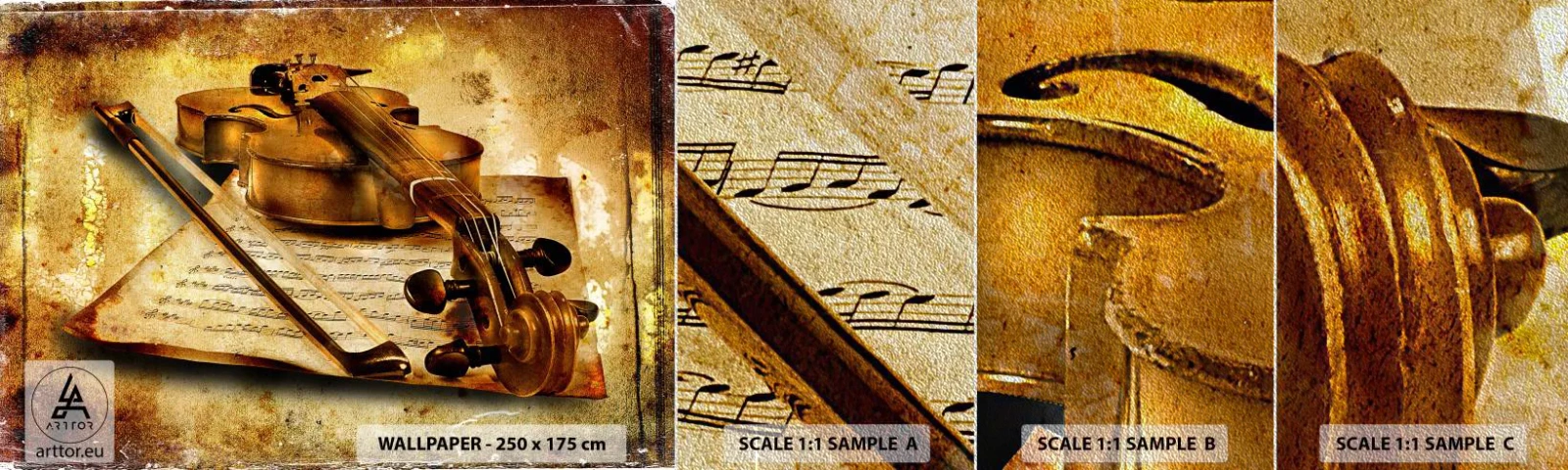 Prøve Fototapet Premium Sand - Virtuos søges omgående - Violin, musik, Musik noder - 100x30 cm