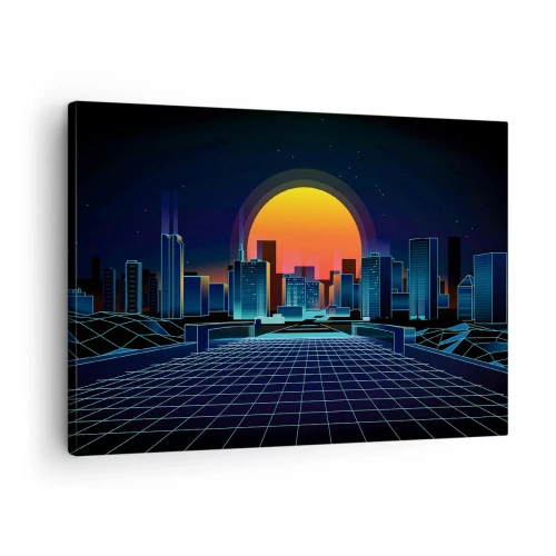 Lærredstryk - Billede på lærred - Futuristisk neon-stil byskyline - 70x50cm - Vil du stadig gerne komme til den ægte vare? - Moderne vægdekoration til stue og soveværelse ARTTOR