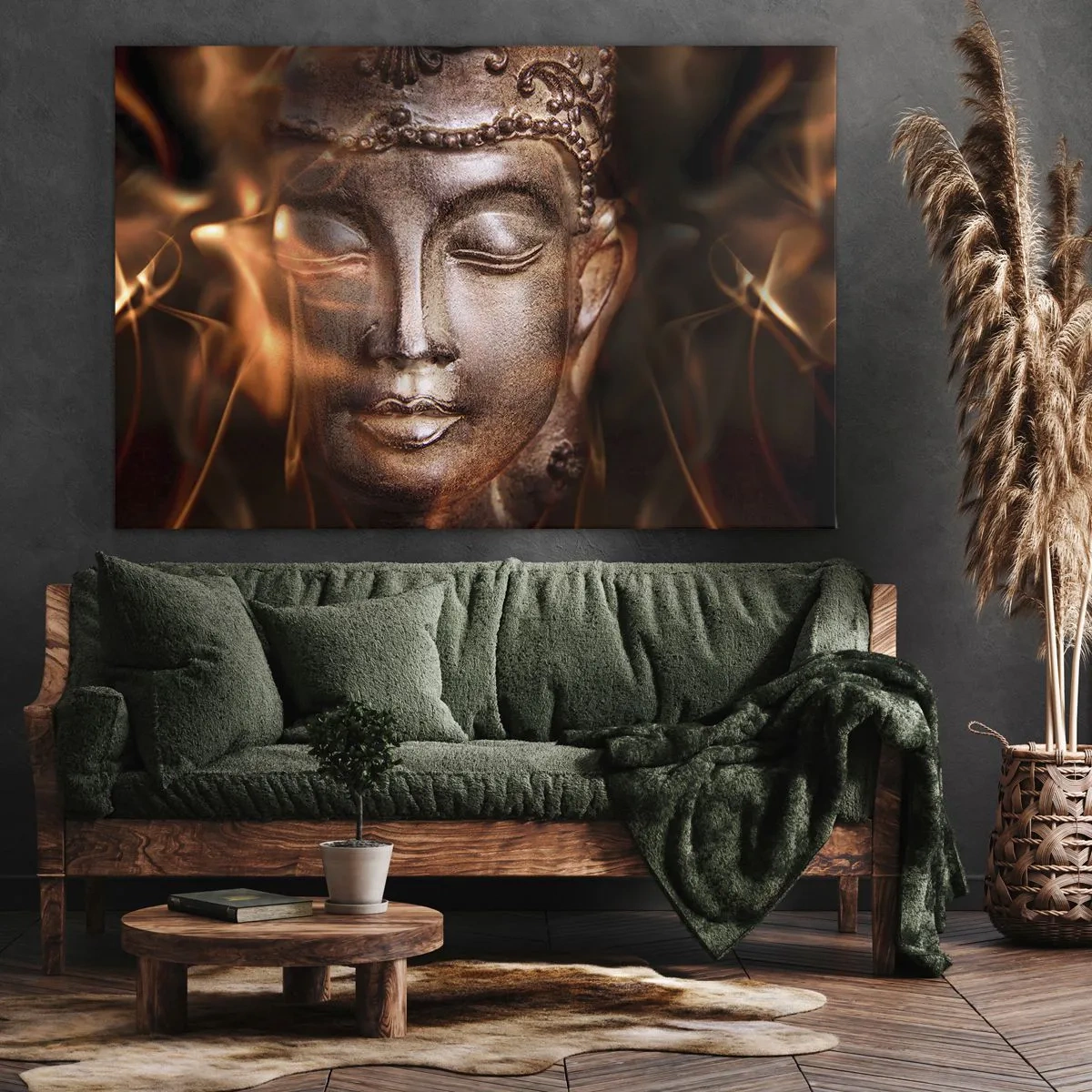 Lærredstryk - Billede på lærred - En Buddha-statue midt i flammer af gyldne nuancer - 70x50cm - Den eksisterer kun her og nu - Moderne vægdekoration til stue og soveværelse ARTTOR