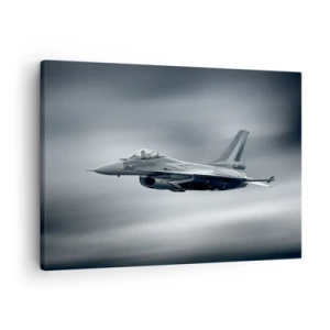 Lærredstryk - Billede på lærred - Et jagerfly i luften mod en overskyet himmel - 70x50cm - Vil du tage udfordringen op? - Moderne vægdekoration til stue og soveværelse ARTTOR