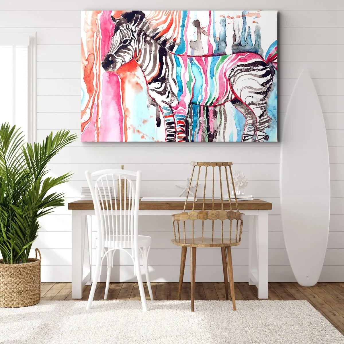 Lærredstryk - Billede på lærred - En farverig zebra mod en baggrund af abstrakte akvarelmønstre - 70x50cm - Naturens ubekymrede joke - Moderne vægdekoration til stue og soveværelse ARTTOR