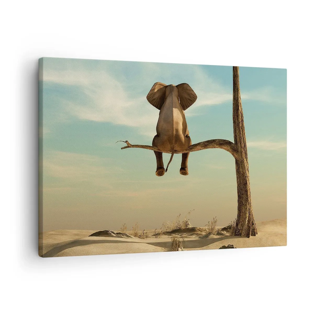 Lærredstryk - Billede på lærred - En elefant sidder på en gren med udsigt over et ørkenlandskab - 70x50cm - Et nyt synspunkt - Moderne vægdekoration til stue og soveværelse ARTTOR