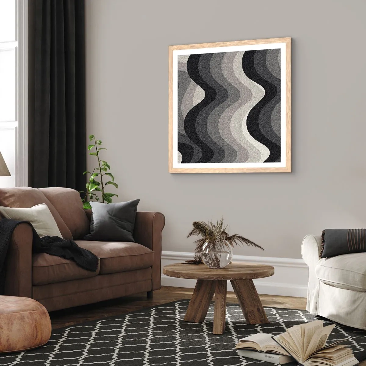 Plakat i ramme af lyst egetræ - Bølge efter bølge - 40x40 cm