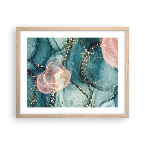 Plakat i ramme af lyst egetræ - Silkeblå, tyl lyserød - 50x40 cm