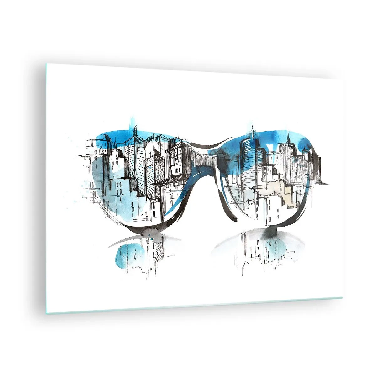 Billede på glas - Bypanoramaet spejlet i solbriller - 70x50cm - Storbyens elegance - Moderne vægdekoration til stue og soveværelse ARTTOR