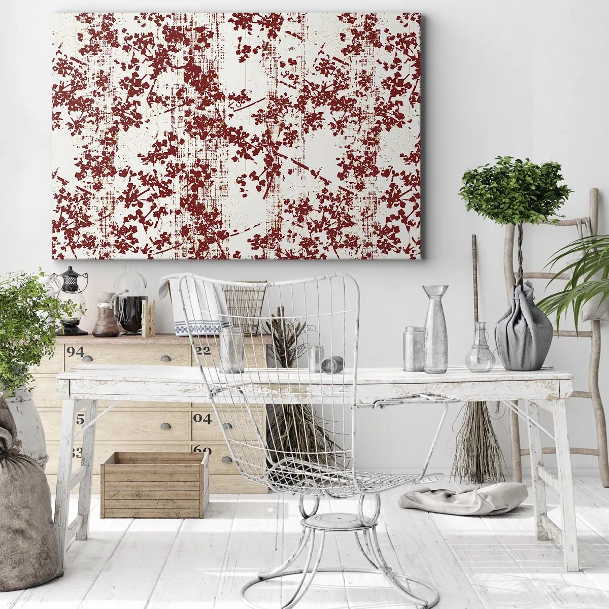 Lærredstryk - Billede på lærred - Røde blomster på en hvid baggrund i kunstnerisk stil - 70x50cm - Som en gammel percale - Moderne vægdekoration til stue og soveværelse ARTTOR