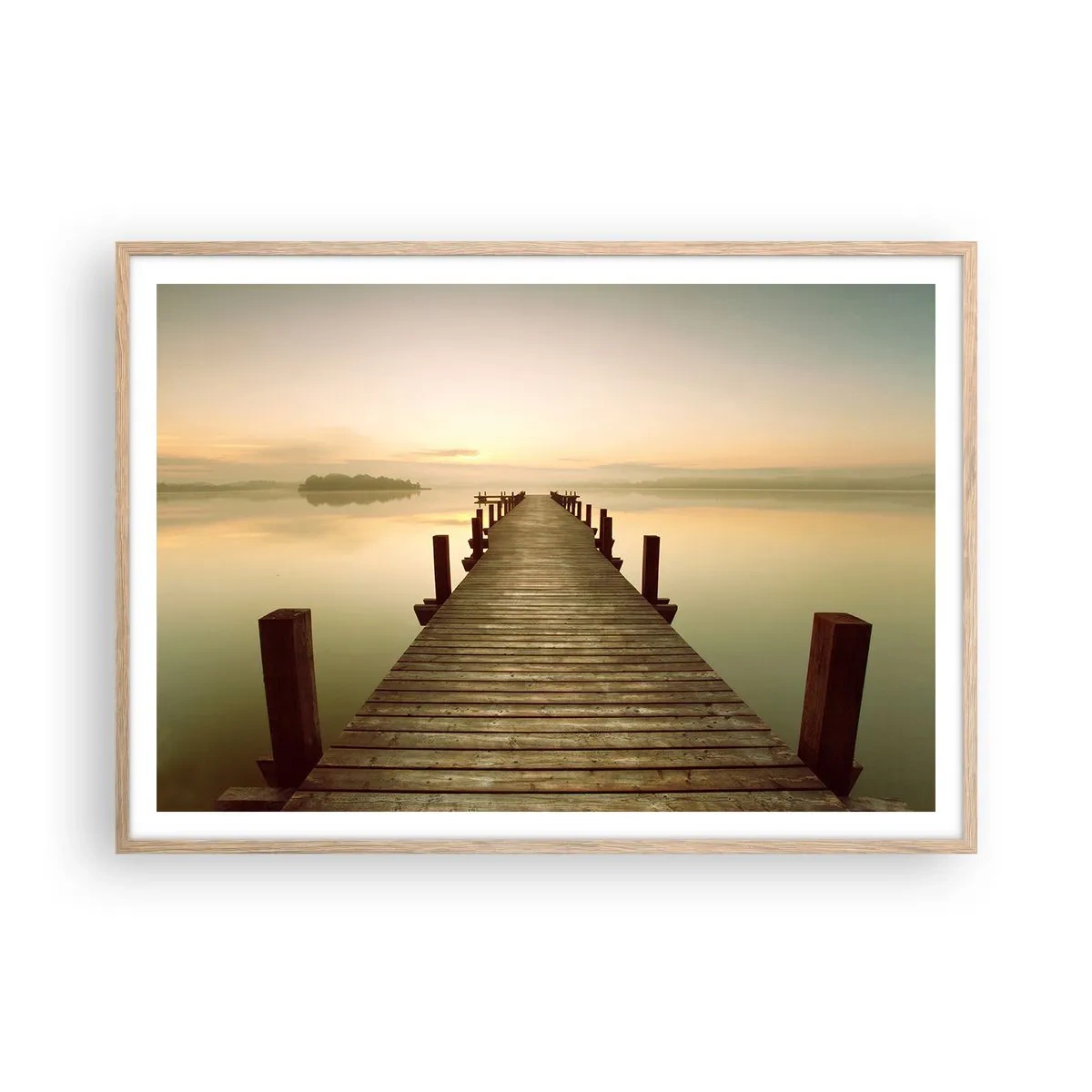 Plakat i ramme af lyst egetræ - Før daggry, daggry, lys - 100x70 cm
