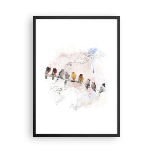 Plakat i sort ramme - Fugle sidder på en gren i akvarelstil - 50x70cm - Møde med vinger - Moderne vægdekoration til stue og soveværelse ARTTOR