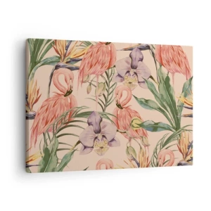 Lærredstryk - Billede på lærred - Flamingoer og tropiske blomster på en lys baggrund - 70x50cm - Lyserød blomstret ballet - Moderne vægdekoration til stue og soveværelse ARTTOR