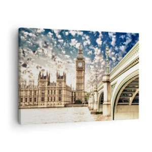 Lærredstryk - Billede på lærred - Big Ben og Westminster Bridge oplyst af solen i London - 70x50cm - Fjeragtige skyer over Themsen - Moderne vægdekoration til stue og soveværelse ARTTOR
