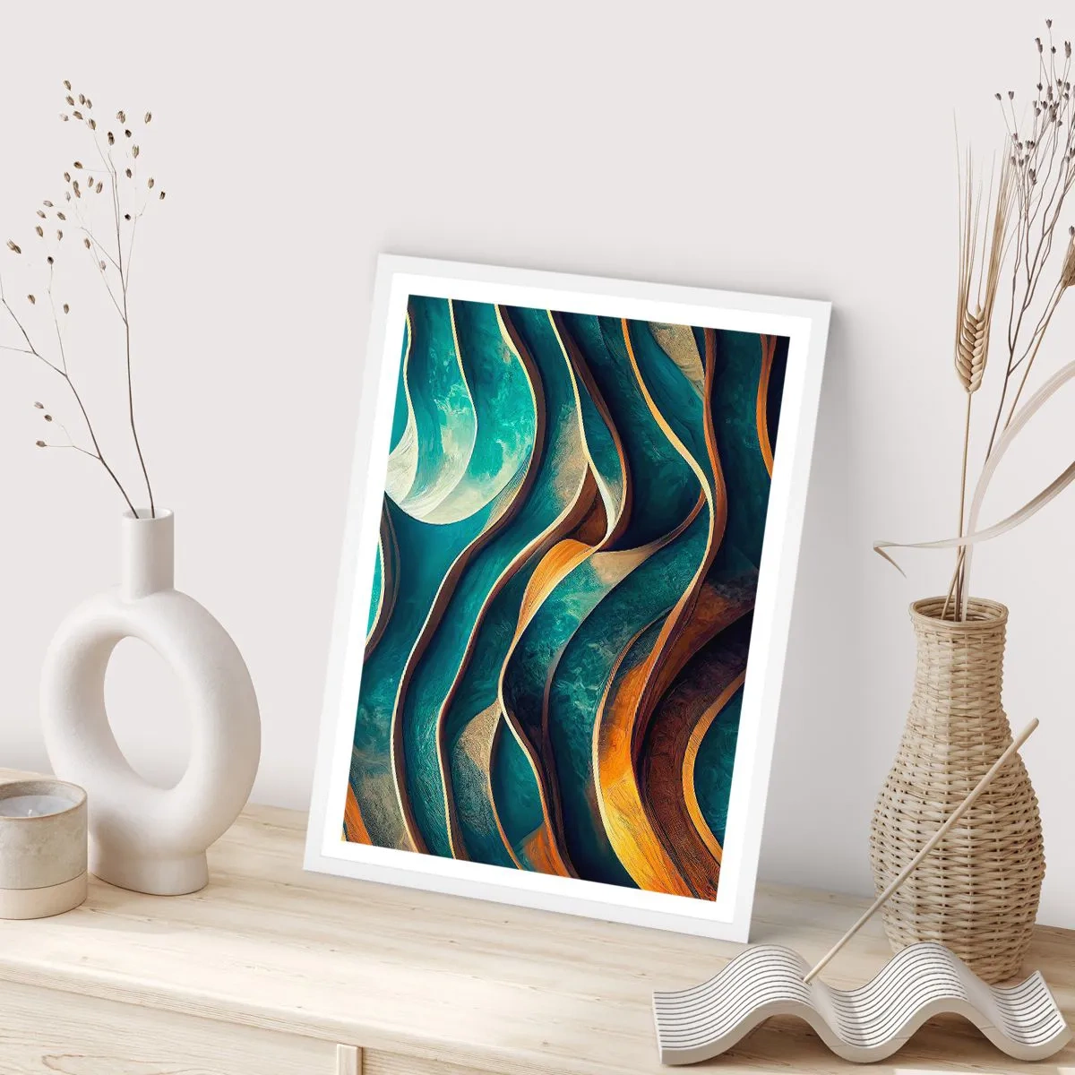Plakat i hvid ramme - Slyngninger af blåt - 70x100 cm