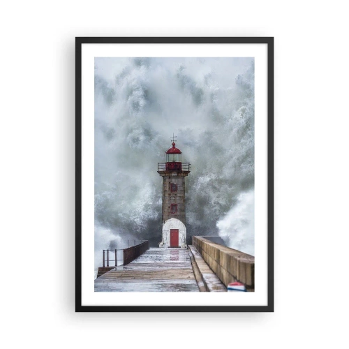 Plakat i sort ramme - Et fyrtårn omgivet af kraftige bølger under en storm - 50x70cm - Vandets brusen, vindens susen, lyden af vinden - Moderne vægdekoration til stue og soveværelse ARTTOR