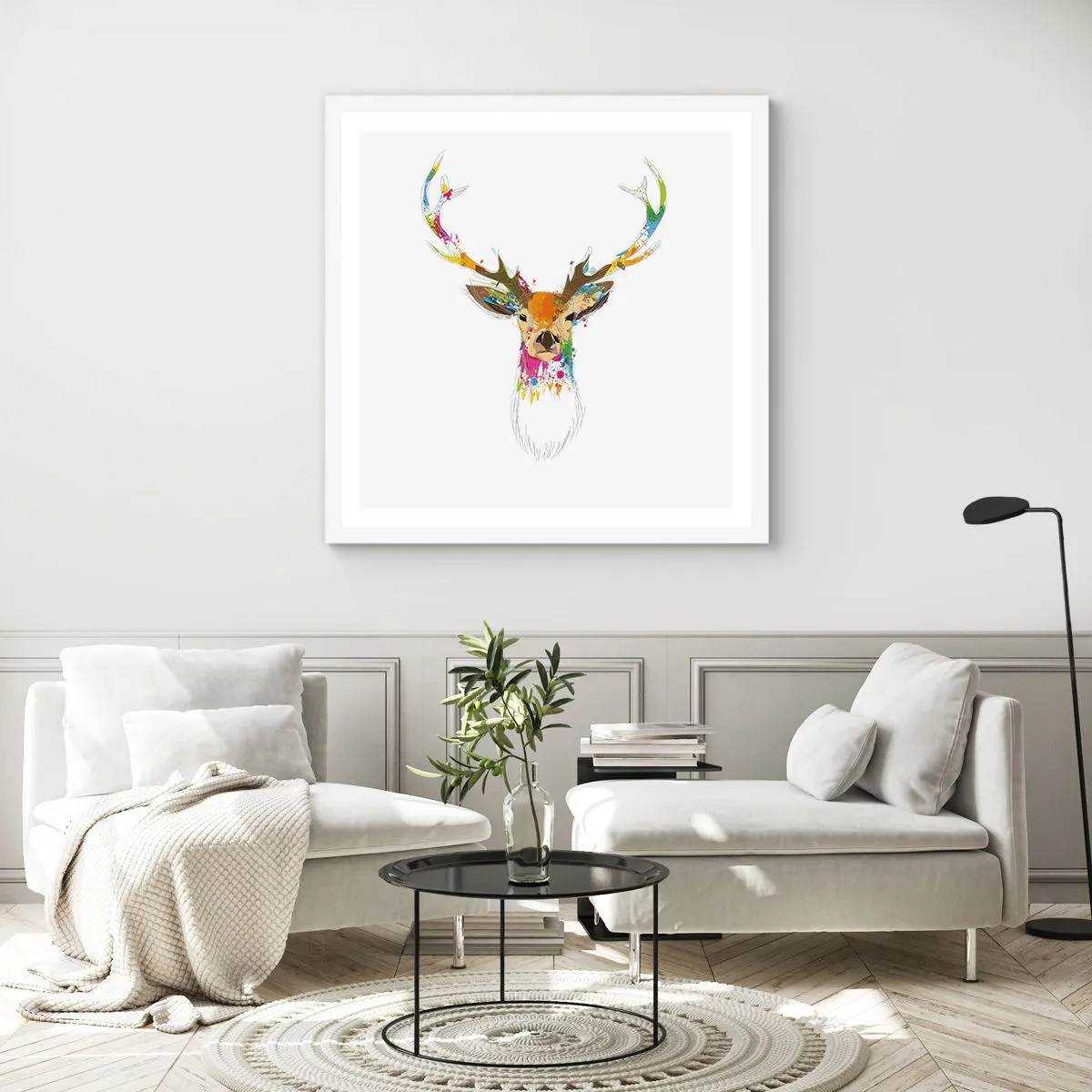 Plakat i hvid ramme - Blid kronhjort badet i farver - 30x30 cm