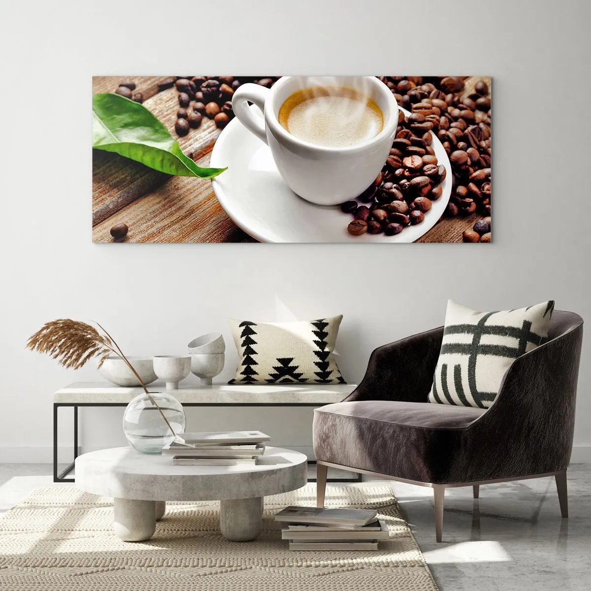Billede på glas - Kaffe på bænken - 140x50 cm