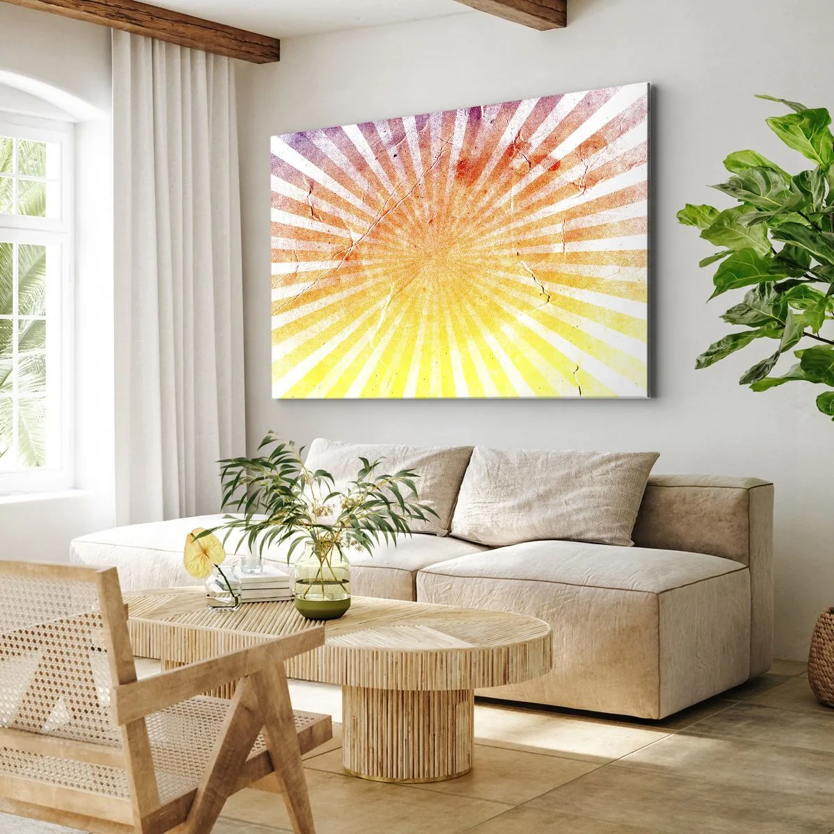 Lærredstryk - Billede på lærred - Solstråler i nuancer af orange og gul - 70x50cm - Opgange og nedgange - Moderne vægdekoration til stue og soveværelse ARTTOR