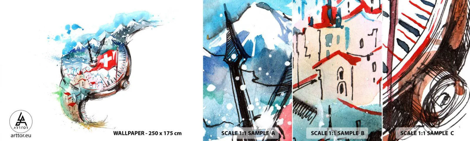 Prøve Fototapet Selvklæbende Deluxe Sticker - Schweiz' ånd - Abstraktion, schweizisk ur, Alperne - 100x30 cm