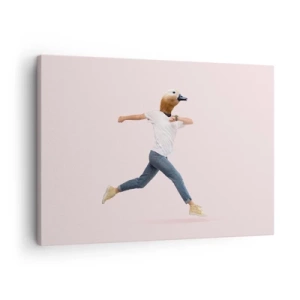 Lærredstryk - Billede på lærred - En surrealistisk figur med et andehoved i bevægelse - 70x50cm - En knivspids absurditet - Moderne vægdekoration til stue og soveværelse ARTTOR