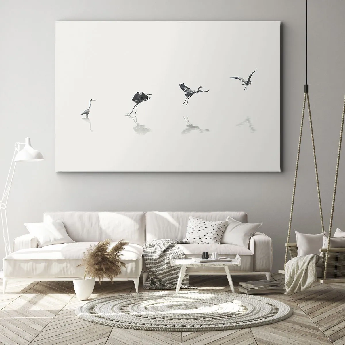 Lærredstryk - Billede på lærred - Fire fuglesilhuetter spejlet i det rolige vand - 70x50cm - Fire enkle trin - Moderne vægdekoration til stue og soveværelse ARTTOR