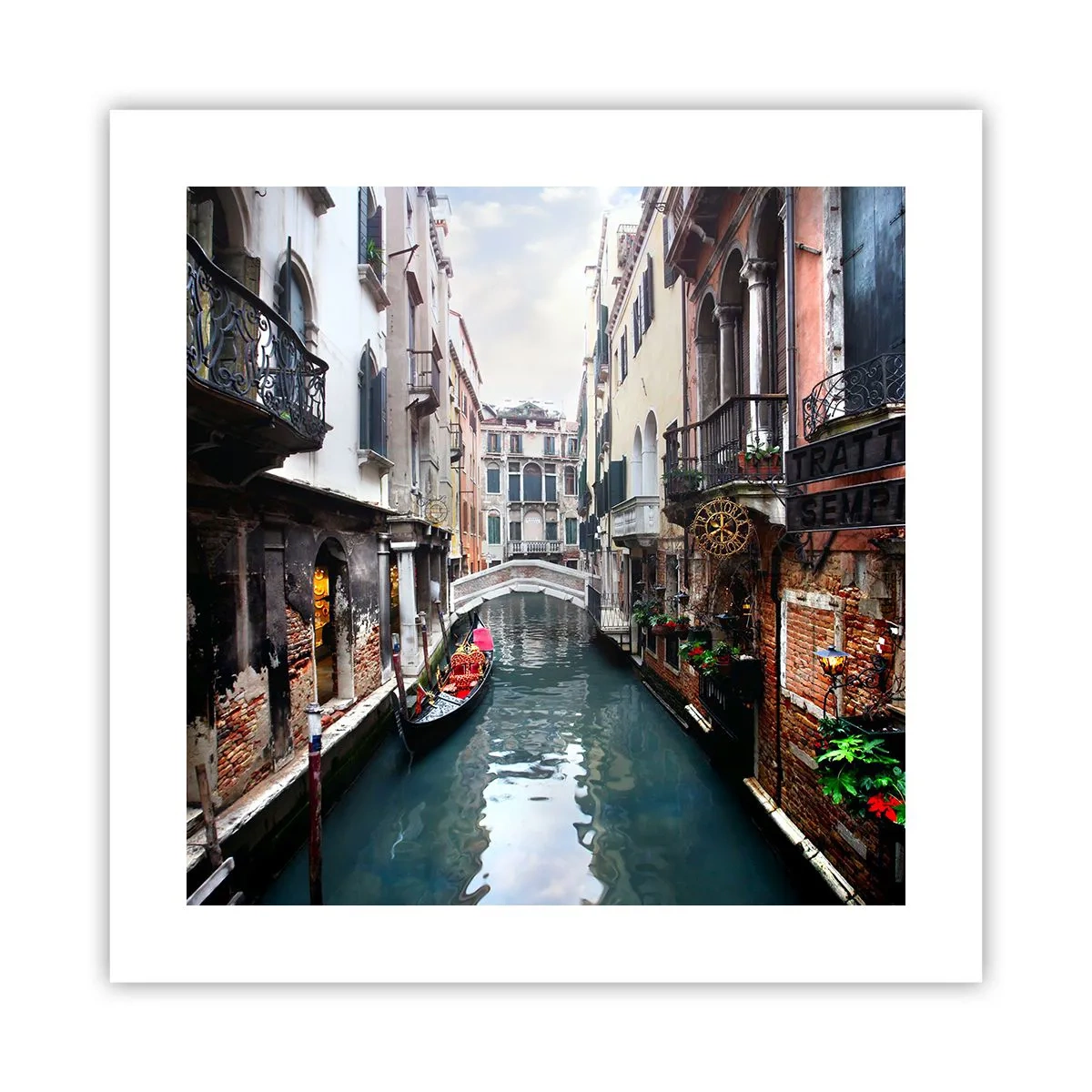Plakat - Venetiansk landskab med gondol og bro - 40x40 cm