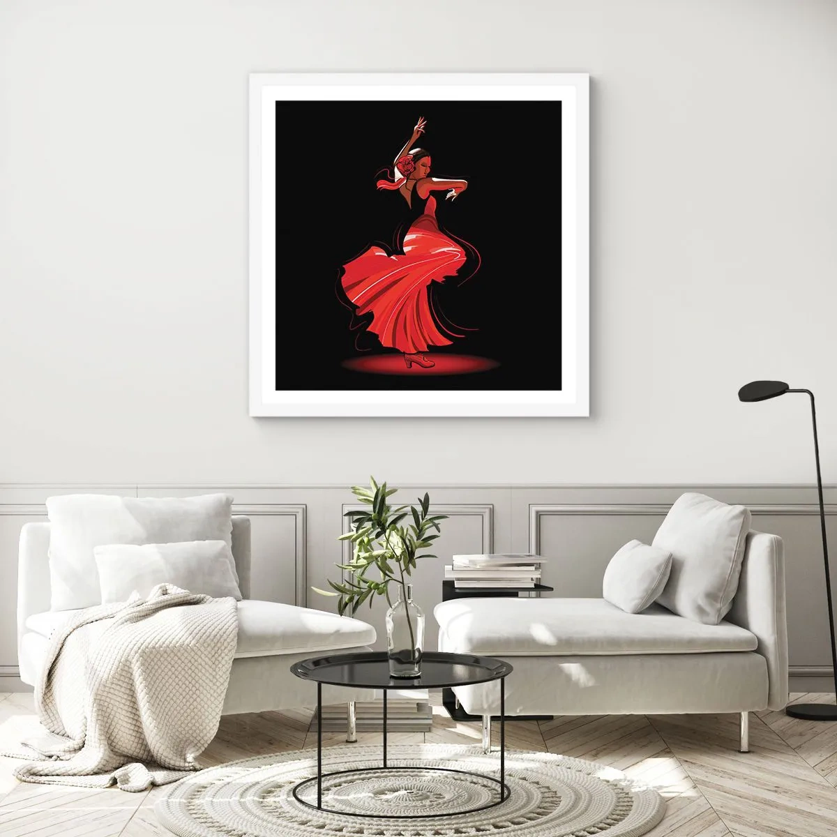 Plakat i hvid ramme - Flamencoens brændende ånd - 50x50 cm