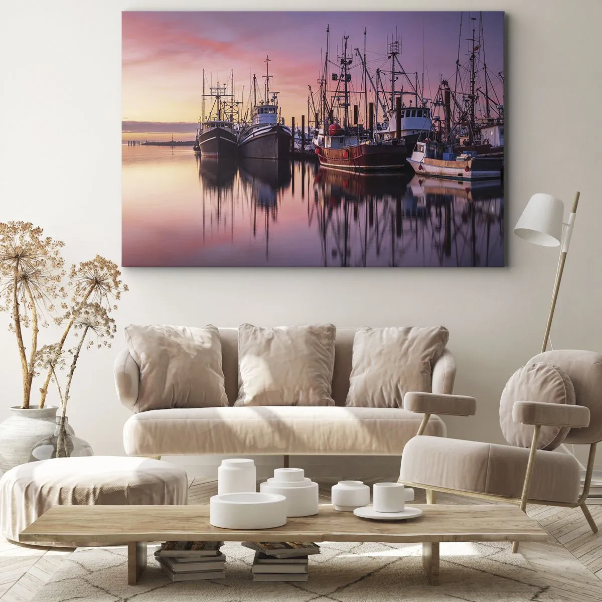 Lærredstryk - Billede på lærred - Fiskerbåde i havnen ved solnedgang - 70x50cm - Før den næste dag - Moderne vægdekoration til stue og soveværelse ARTTOR