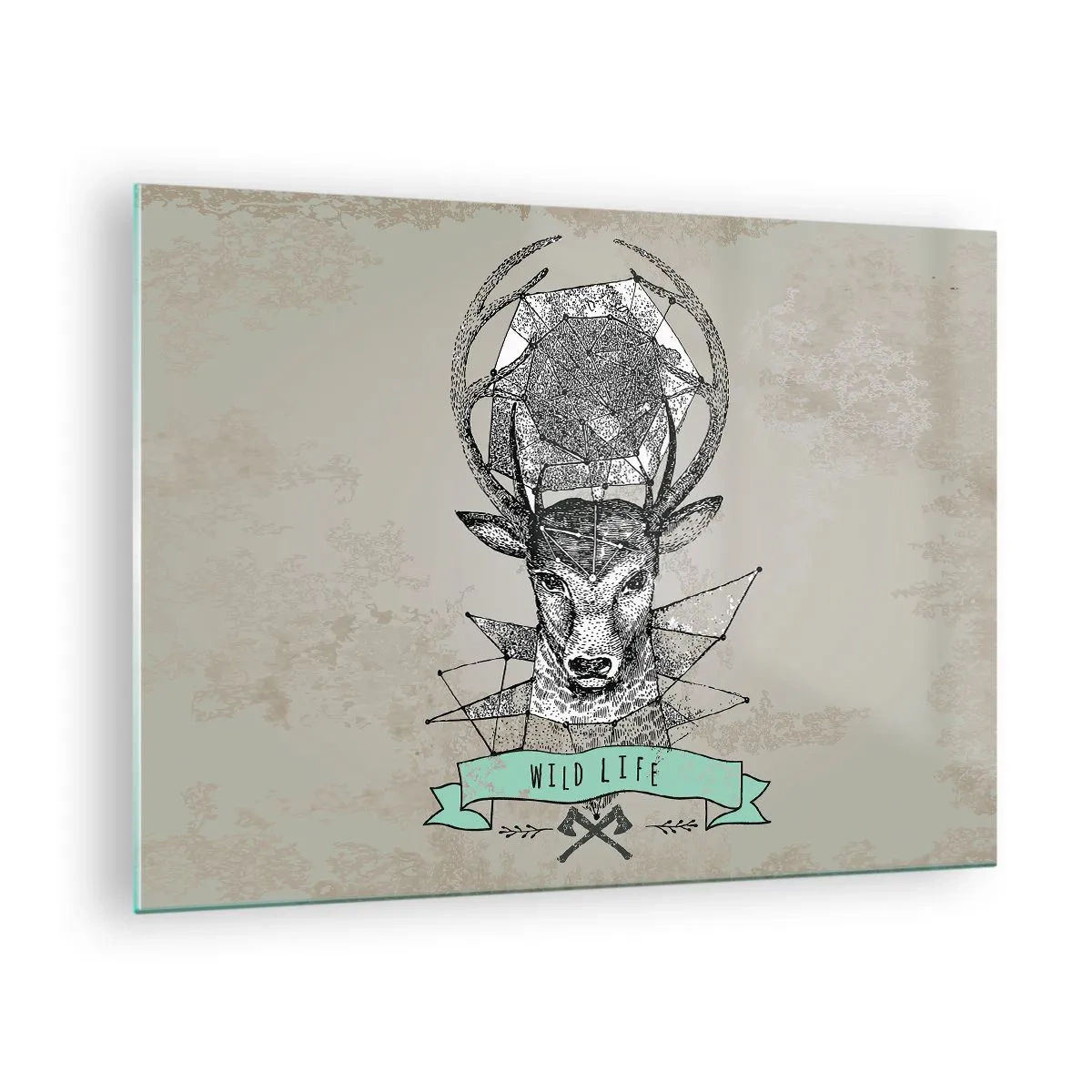 Billede på glas - Geometrisk tegning af en hjort med indskriften "Wild Life" - 70x50cm - Synet af sankt Hubertus - Moderne vægdekoration til stue og soveværelse ARTTOR