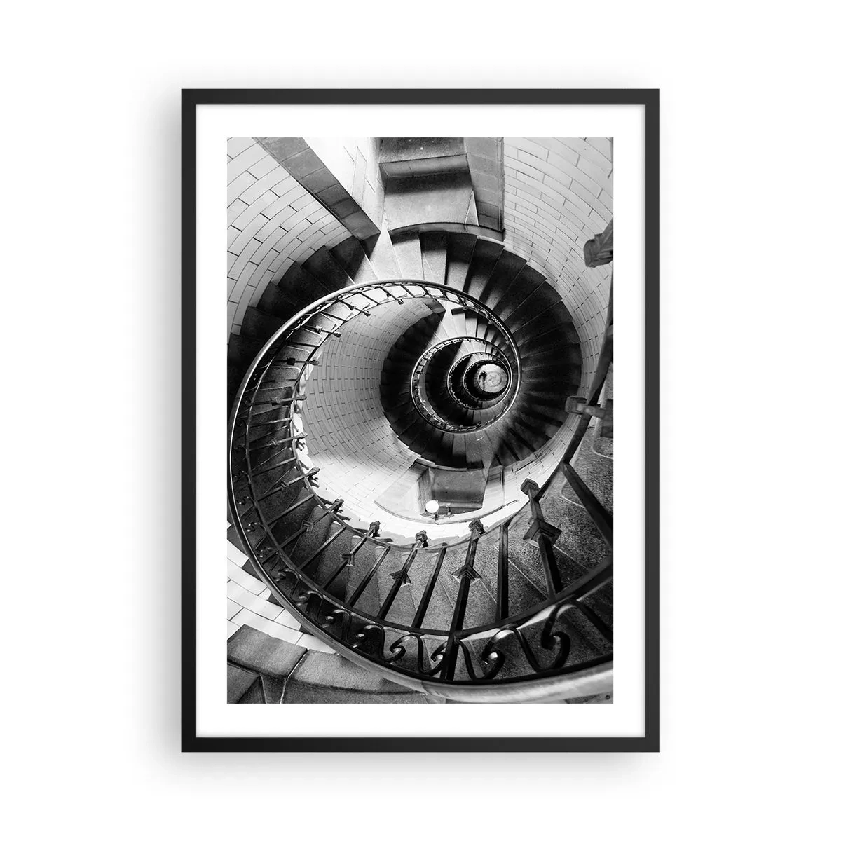 Plakat i sort ramme - Vindeltrappe i sort-hvidt perspektiv - 50x70cm - Højt og højere - Moderne vægdekoration til stue og soveværelse ARTTOR