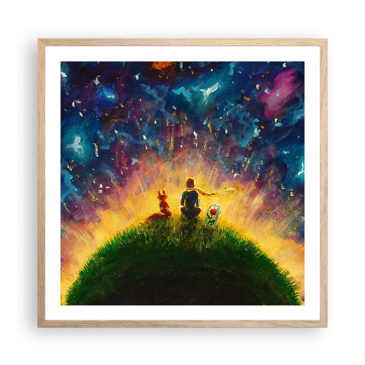 Plakat i ramme af lyst egetræ - Kærlighed og venskab - hele verden - 60x60 cm