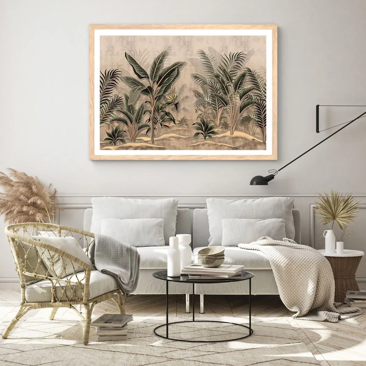 Plakat i ramme af lyst egetræ - Gravering i kolonistil - 100x70 cm