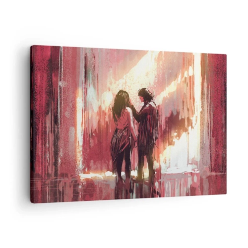 Lærredstryk - Billede på lærred - Et par står i varmt lys mod en baggrund af abstrakte mønstre. - 70x50cm - Kærlighedens evige skuespil - Moderne vægdekoration til stue og soveværelse ARTTOR
