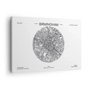 Lærredstryk - Billede på lærred - Et minimalistisk sort-hvidt kort over Birmingham med præcise detaljer. - 70x50cm - Birminghams anatomi - Moderne vægdekoration til stue og soveværelse ARTTOR