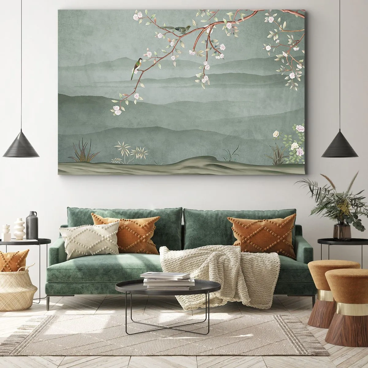 Lærredstryk - Billede på lærred - Et malerisk billede af en blomstrende trægren med fugle mod en baggrund af grønne bakker. - 70x50cm - Forår, ah, det er dig - Moderne vægdekoration til stue og soveværelse ARTTOR