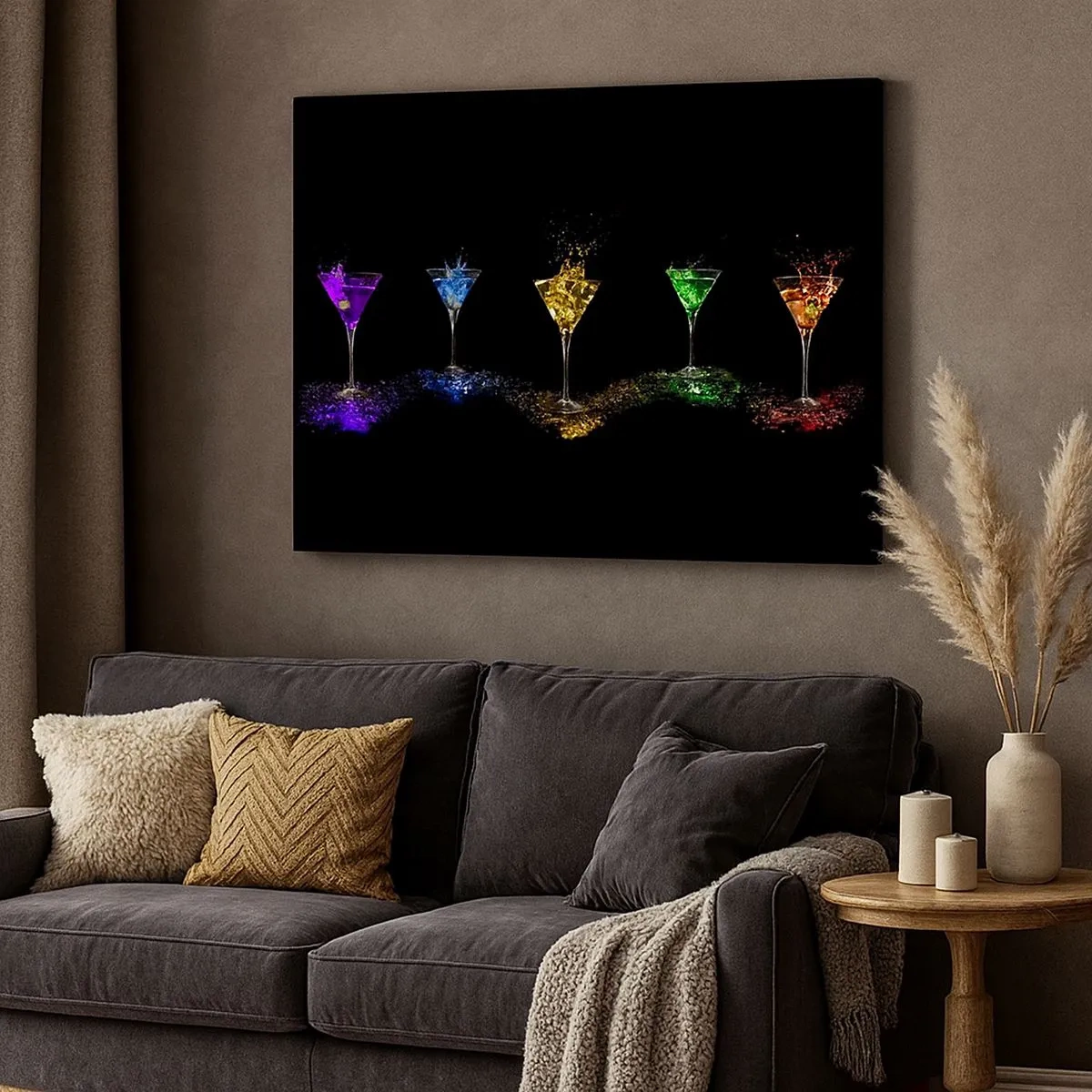 Lærredstryk - Billede på lærred - Farverige cocktails i glas på en sort baggrund - 70x50cm - Glædens farver i krystalglas - Moderne vægdekoration til stue og soveværelse ARTTOR