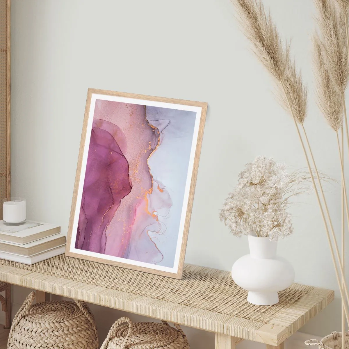 Plakat i ramme af lyst egetræ - Lilla og violette bølger - 40x50 cm