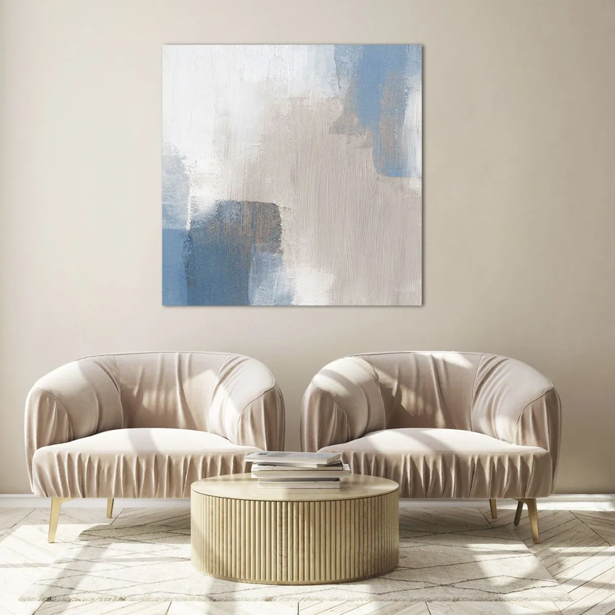 Billede på glas - Lyserød abstraktion bag et slør af blåt - 40x40 cm