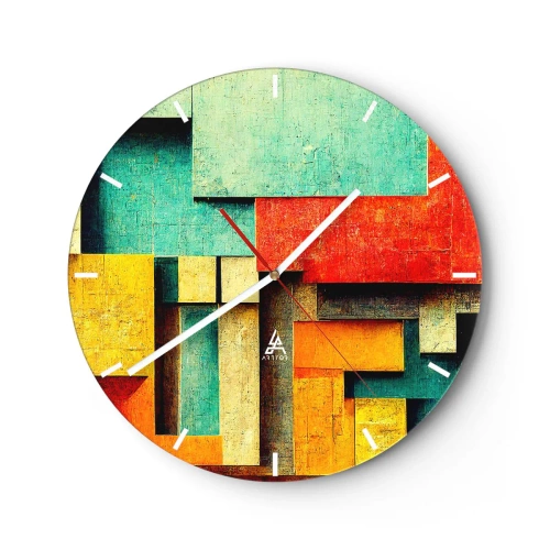 Vægur, Uret - Farverige geometriske blokke i abstrakt stil - 30x30cm - Festival for rette vinkler - Moderne vægdekoration til stue, køkken og soveværelse ARTTOR