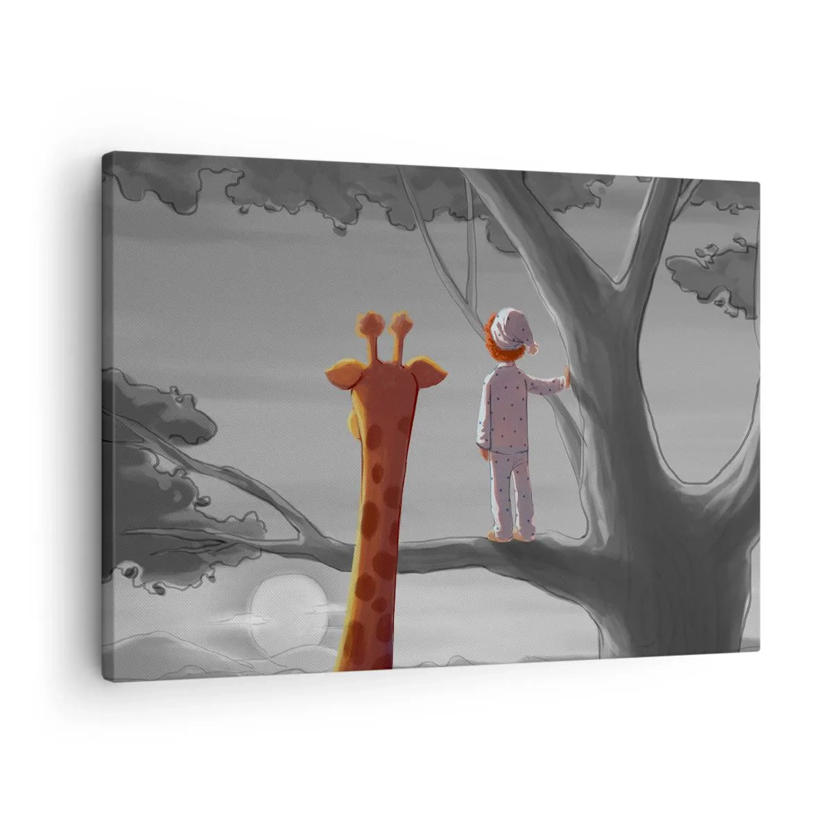 Lærredstryk - Billede på lærred - Et barn og en giraf på en trægren i et eventyrlandskab - 70x50cm - Det sker virkelig - Moderne vægdekoration til stue og soveværelse ARTTOR