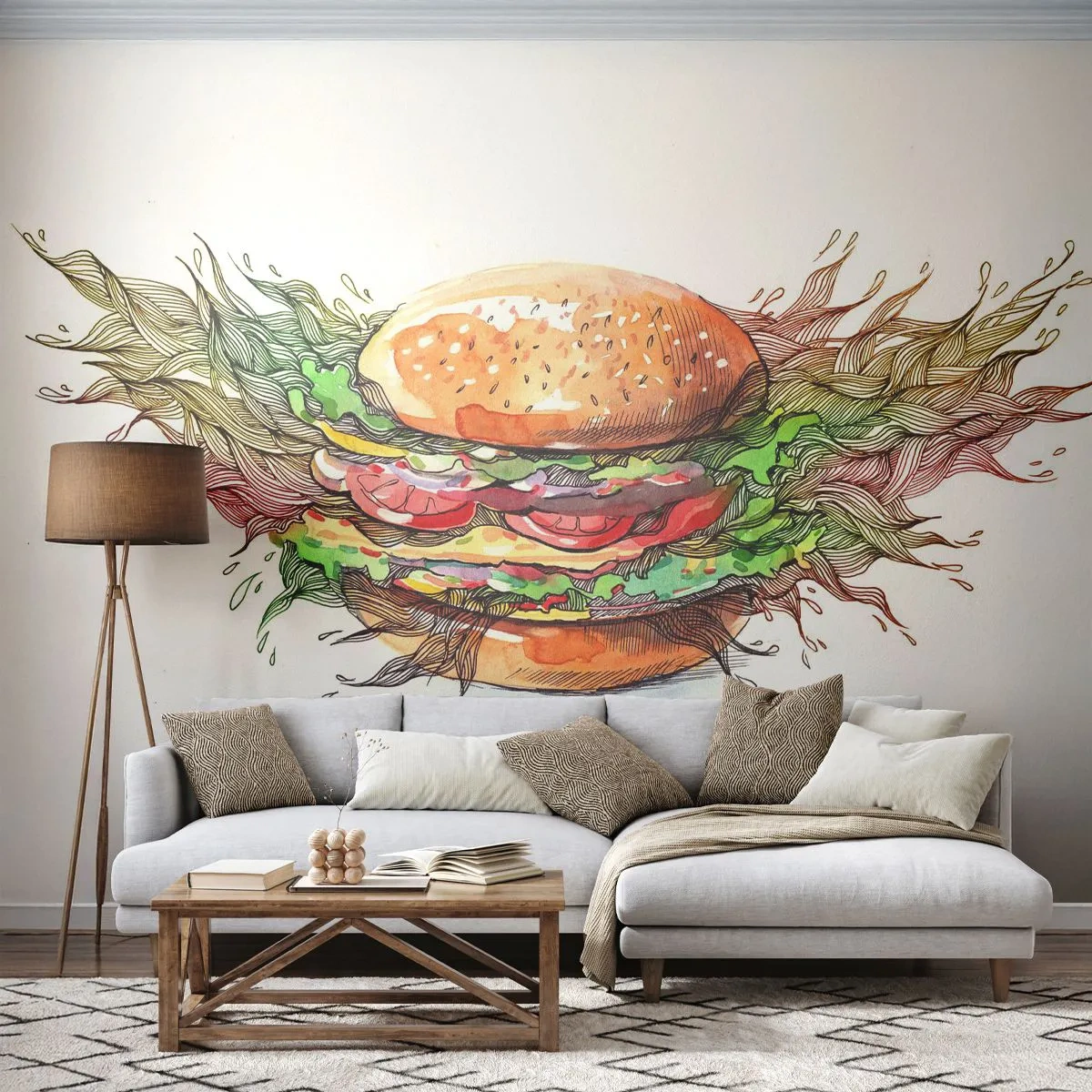 Fototapet Selvklæbende Deluxe Sticker - Varm fristelse - Gastronomi, Hamburger, Kulinarisk - 200x140 cm