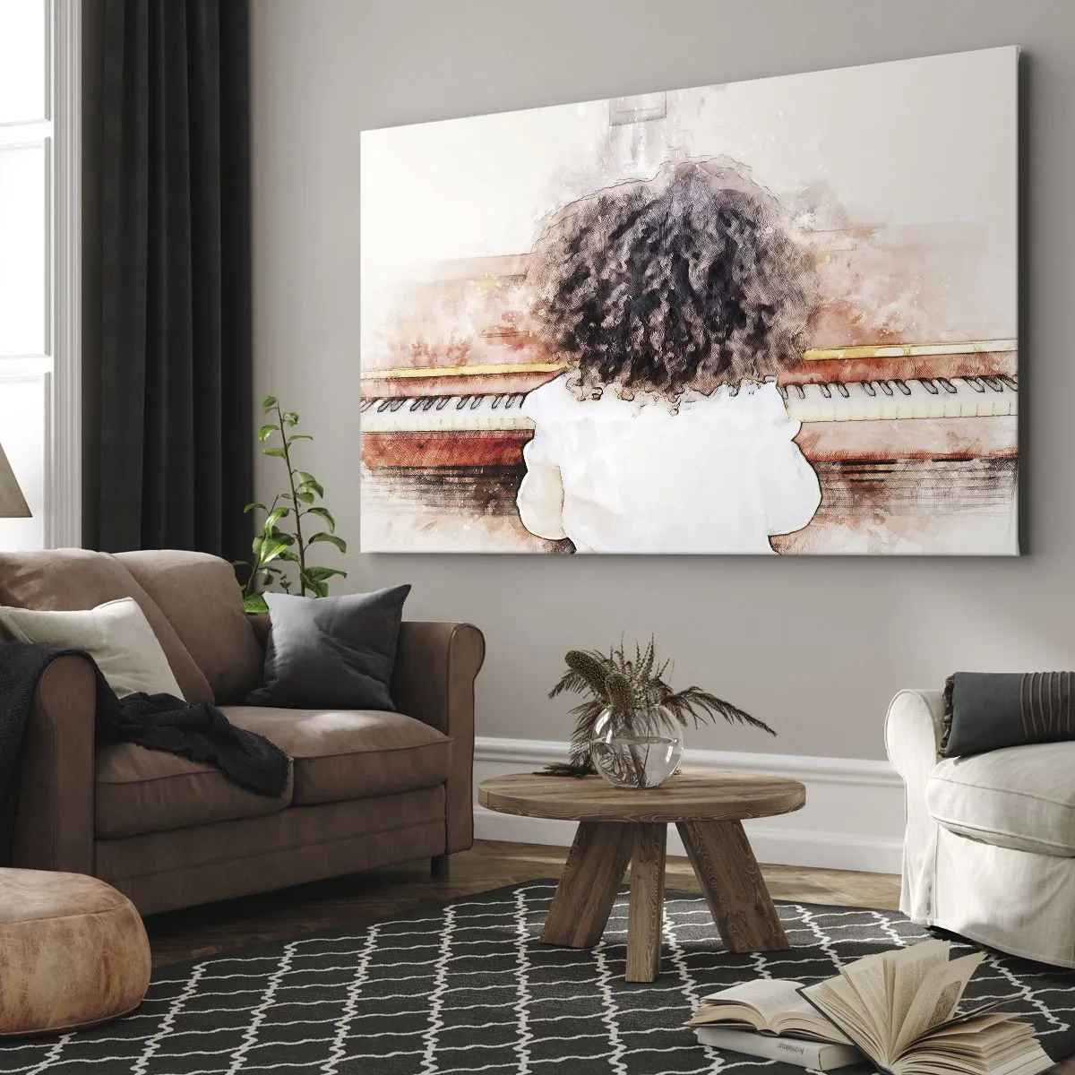Lærredstryk - Billede på lærred - En pige med busket hår ved klaveret - 70x50cm - i et ny verden - Moderne vægdekoration til stue og soveværelse ARTTOR
