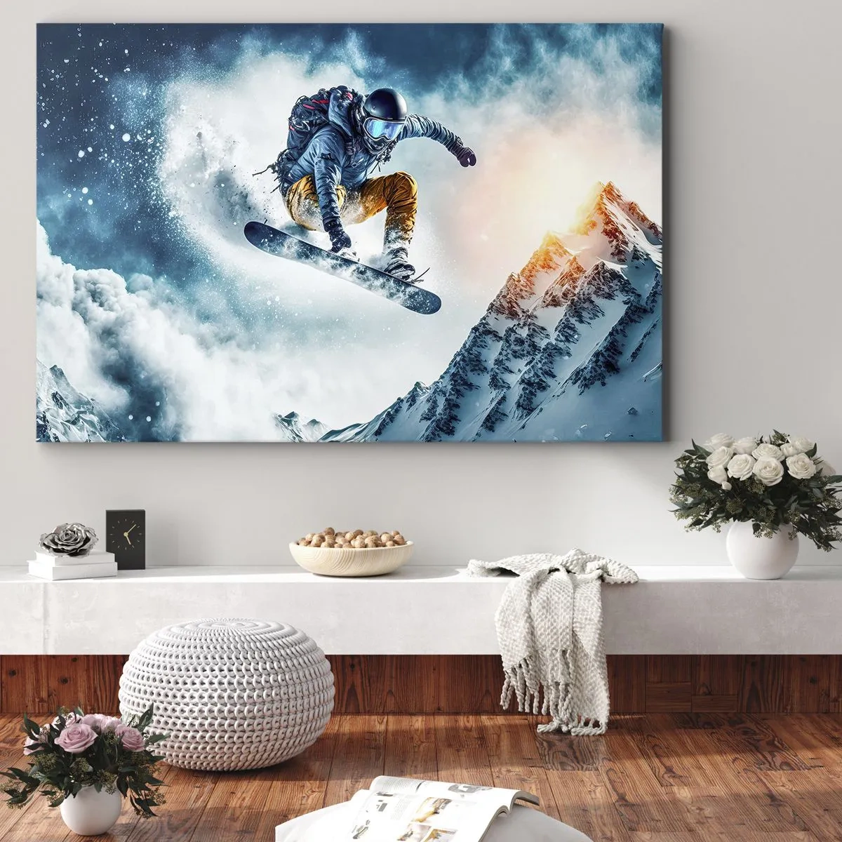Lærredstryk - Billede på lærred - En snowboarder flyver over snedækkede bjerge - 70x50cm - Ekstreme følelser - Moderne vægdekoration til stue og soveværelse ARTTOR