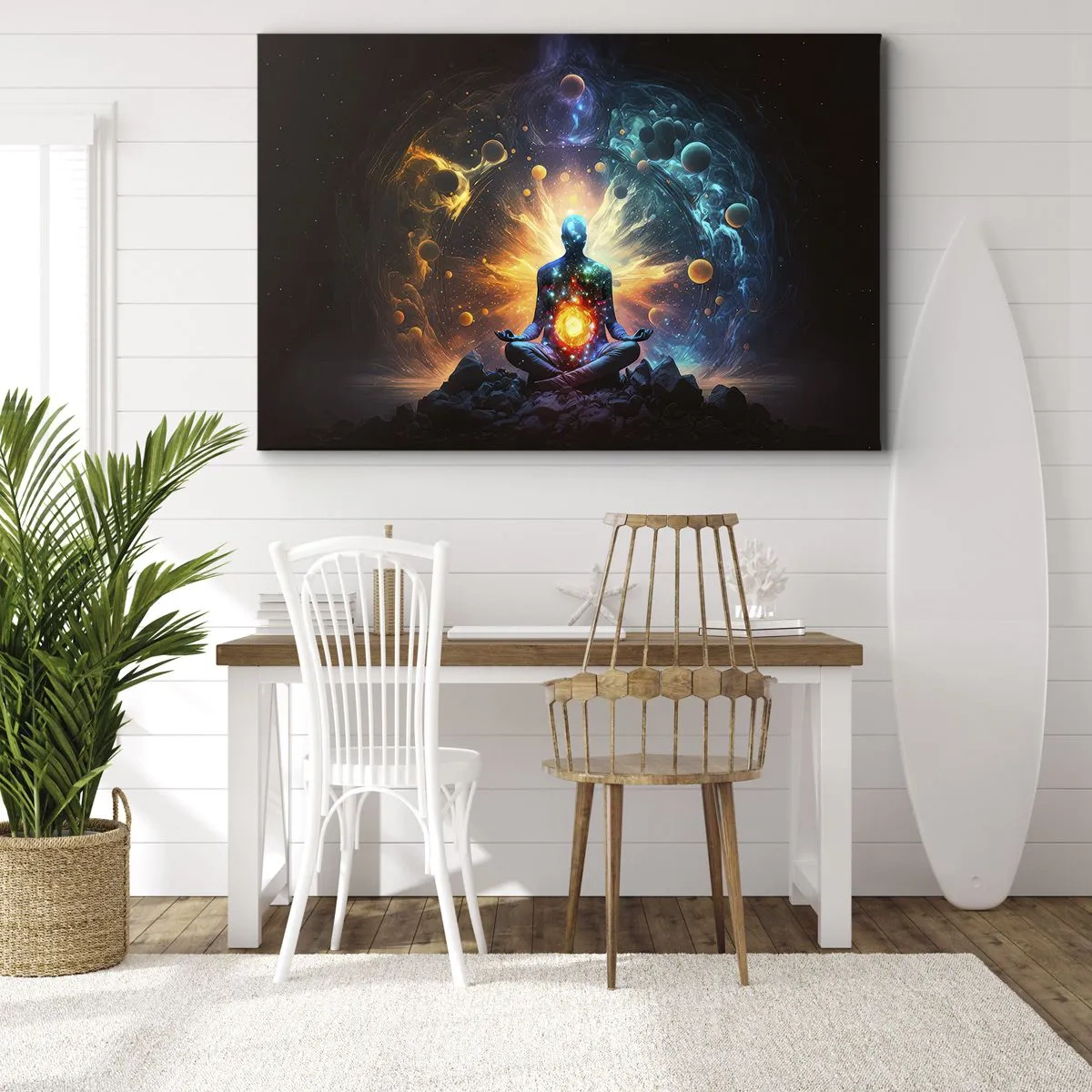 Lærredstryk - Billede på lærred - En figur i meditation omgivet af en kosmisk aura - 70x50cm - Kosmisk ro - Moderne vægdekoration til stue og soveværelse ARTTOR
