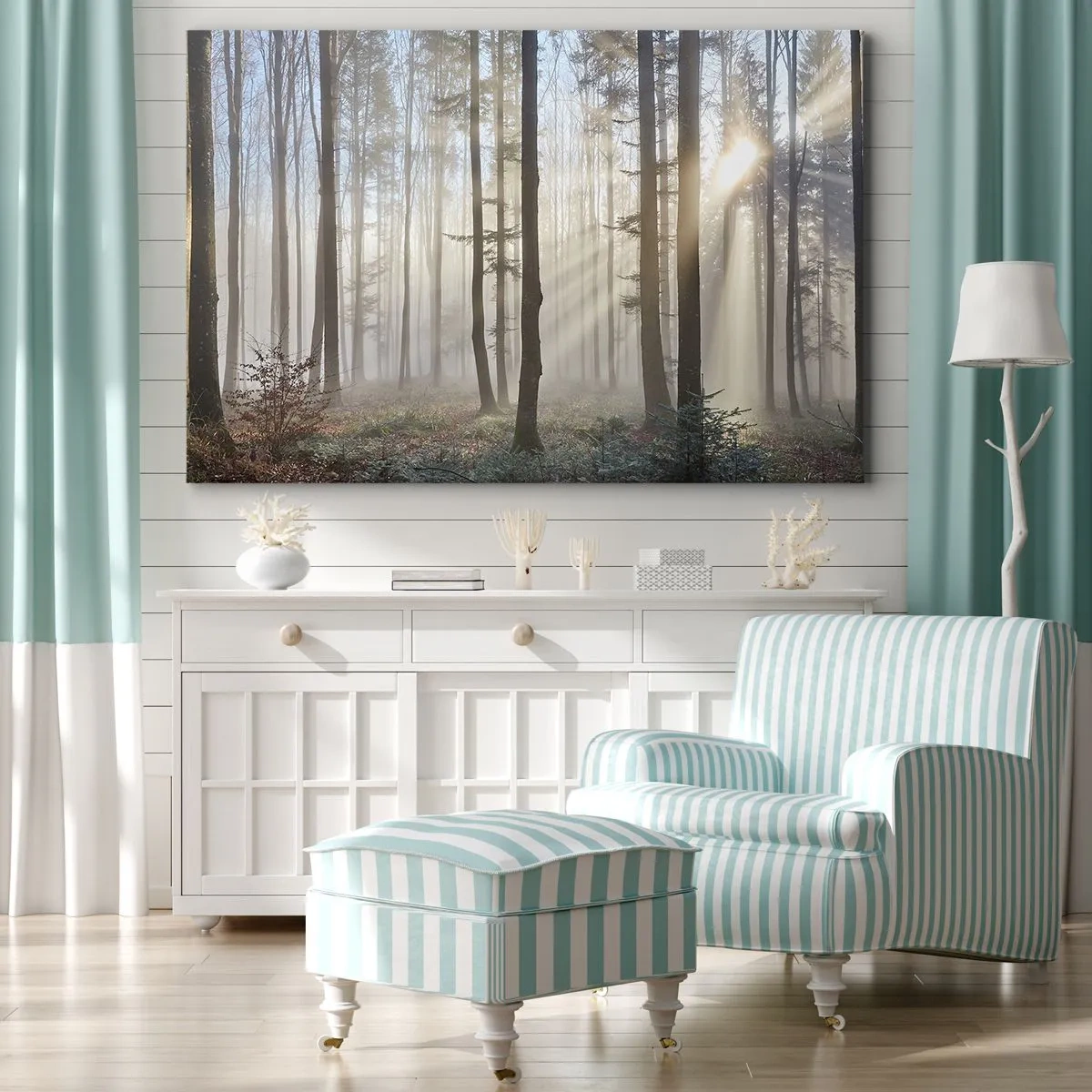 Lærredstryk - Billede på lærred - En skov i en let tåge med solstråler, der skinner gennem træerne - 70x50cm - Tågen er også vågnet op - Moderne vægdekoration til stue og soveværelse ARTTOR