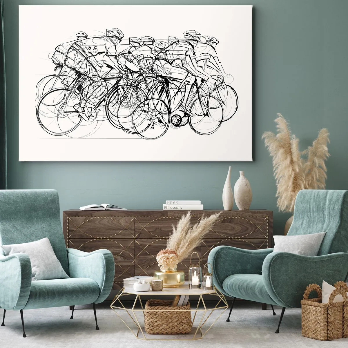 Lærredstryk - Billede på lærred - En gruppe cyklister i bevægelse i minimalistisk stil - 70x50cm - Sammen i et team - Moderne vægdekoration til stue og soveværelse ARTTOR