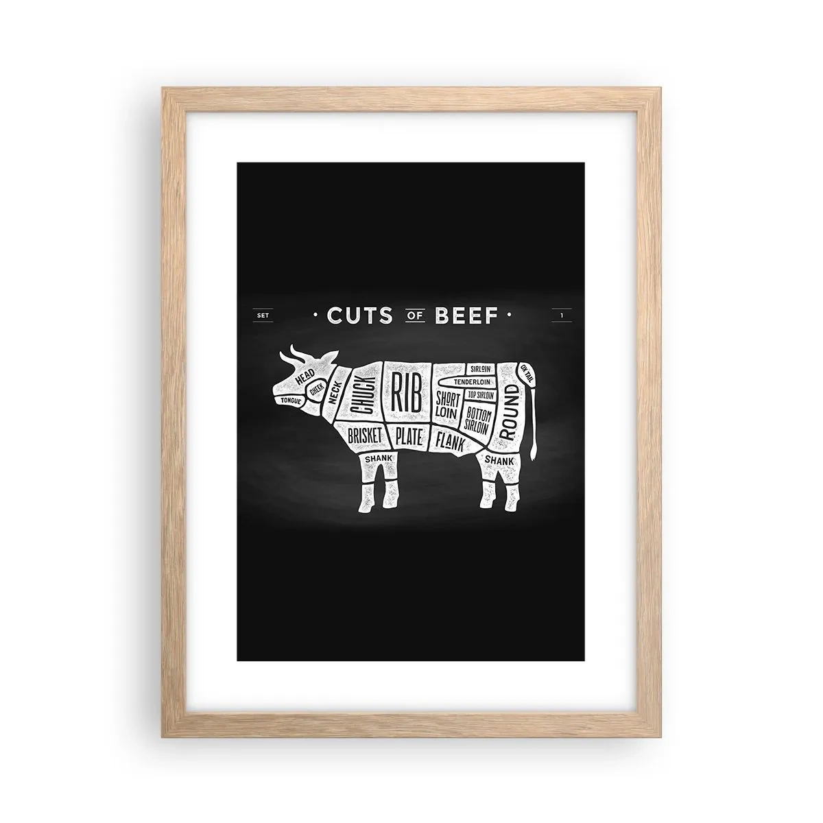 Plakat i ramme af lyst egetræ - Slagterens grundbog - 30x40 cm