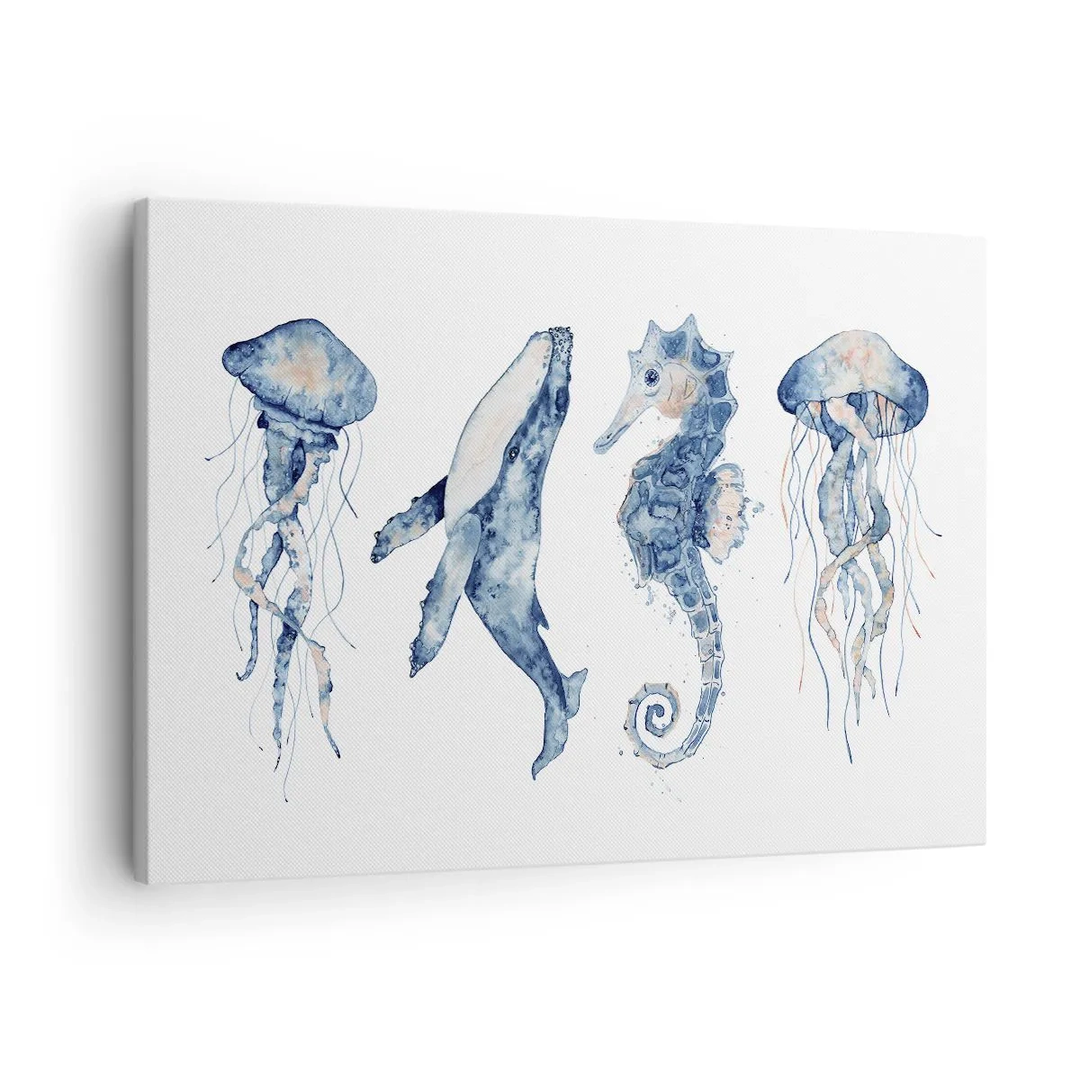 Lærredstryk - Billede på lærred - Vandmænd, hval og søhest i akvarelstil - 70x50cm - Havets vidundere - Moderne vægdekoration til stue og soveværelse ARTTOR