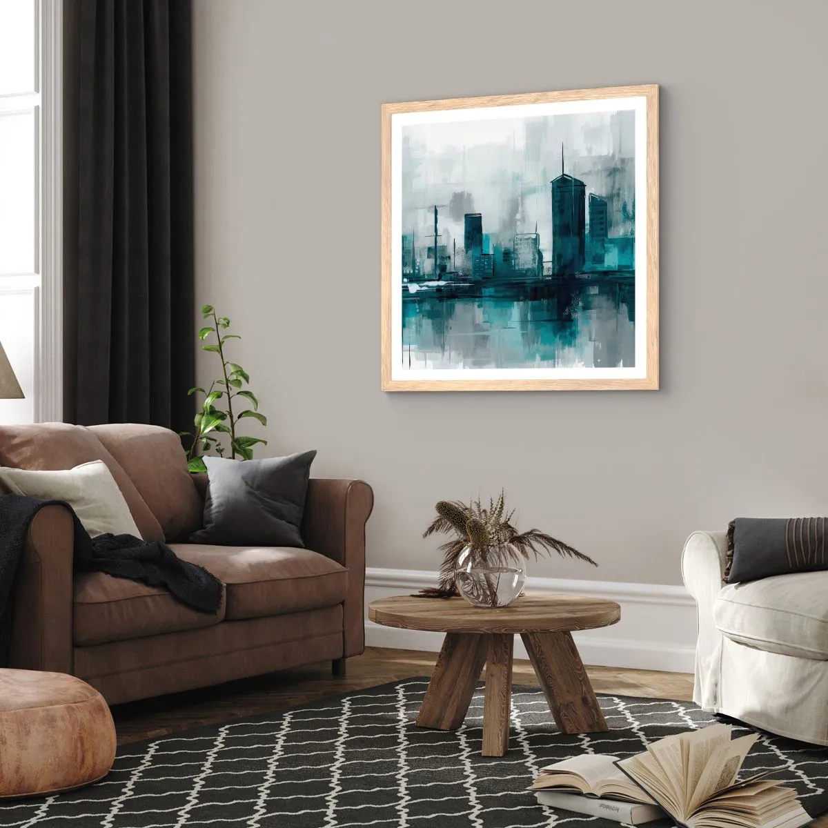 Plakat i ramme af lyst egetræ - Regnfarvet by - 60x60 cm