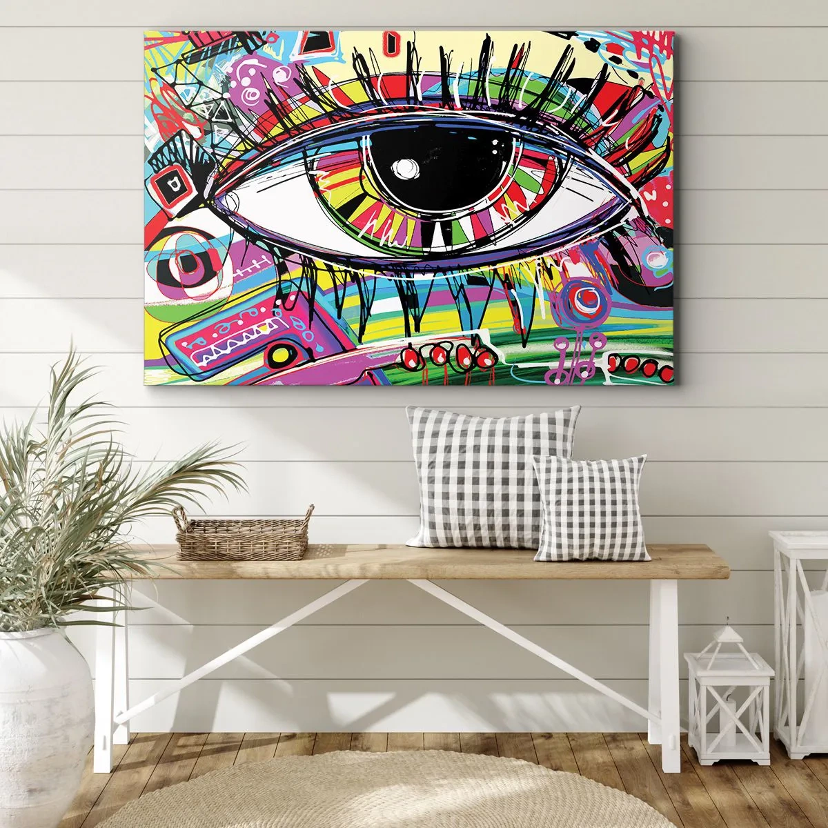 Lærredstryk - Billede på lærred - Farverigt abstrakt graffitiøje - 70x50cm - Et farverigt øje - en farverig sjæl - Moderne vægdekoration til stue og soveværelse ARTTOR